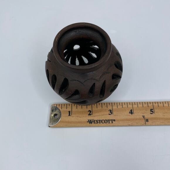 Hand engraved open work floral ceramic vase dark brown	small 3.5" - Picture 10 of 11